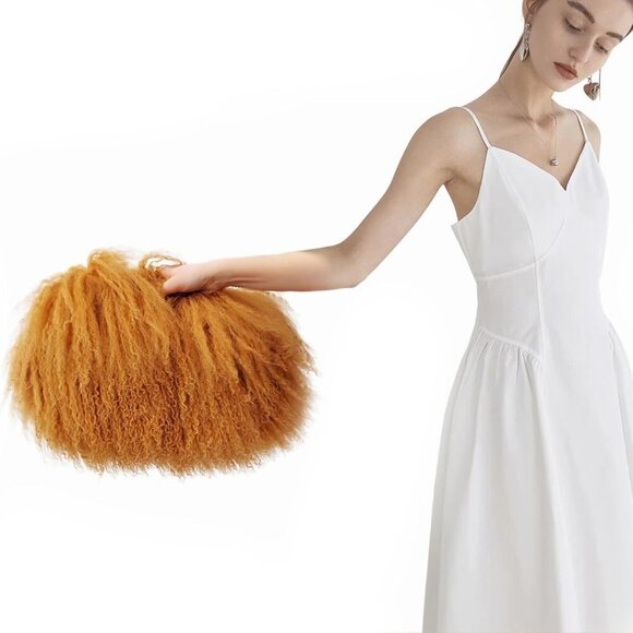 Women Luxury Real Lamb/Mongolian Flush Wool Fur With Genuine Leather Handles Han - Picture 2 of 7